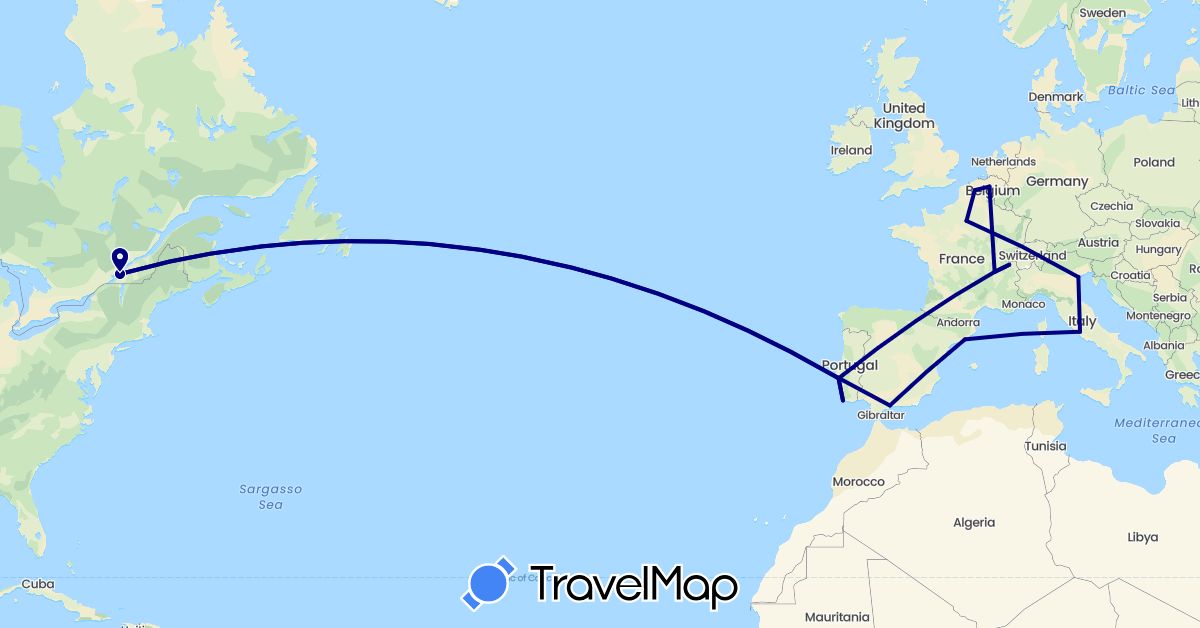 TravelMap itinerary: driving in Belgium, Switzerland, Spain, France, Italy, Portugal (Europe)